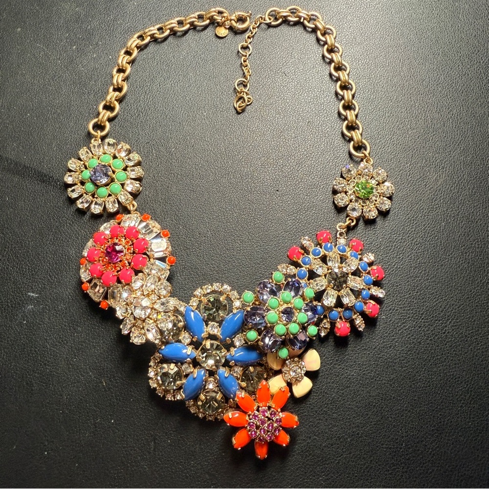 J.Crew Crystal Rainbow Flower Lattice Statement Necklace 18" +3"Ext
